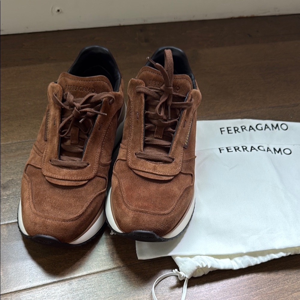 Salvatore Ferragamo Men’s Chestnut Suede Lace-Up Sneakers